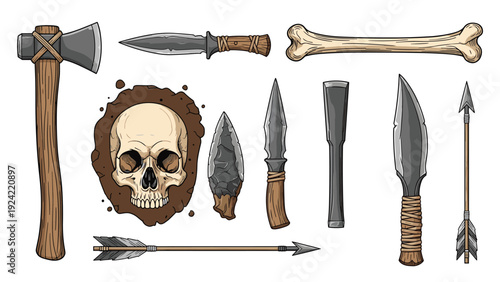 Assorted collection of primitive tools and artifacts includes a stone axe, daggers, a human skull, and feathered arrows.