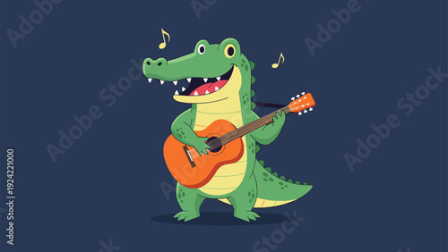 Happy cartoon crocodile stands on its hind legs and plays a wooden acoustic guitar with musical notes floating in the air.