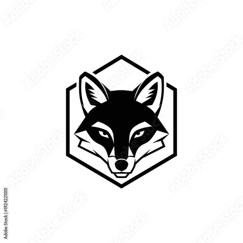 Black and white fox head in geometric hexagon logo design
