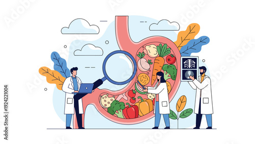 Medical team of three doctors uses technology to examine a giant human stomach filled with various healthy fruits and vegetables.