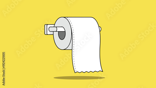 Roll of white toilet paper hanging on a wall mounted dispenser against a bright yellow background for hygiene concept.