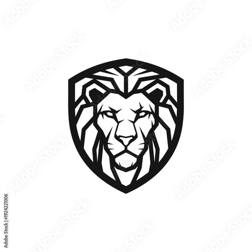 Graphic illustration of lion head within a shield emblem logo design