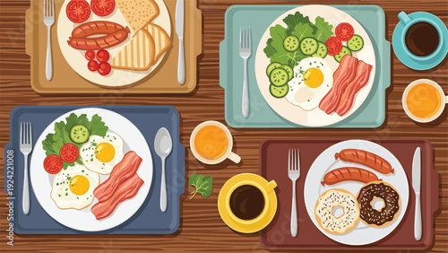 Top down view of four breakfast trays with delicious meals like eggs, bacon, sausages, donuts, and fresh coffee on a wooden table.