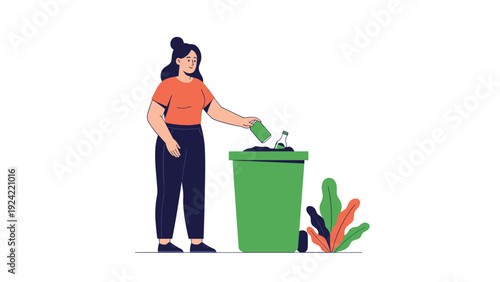 Young woman practicing waste segregation by throwing recyclable items into a green trash bin for environmental protection.