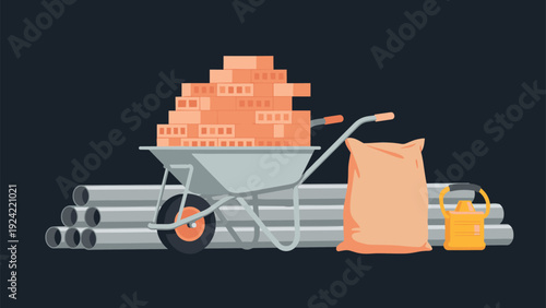 Construction materials including bricks in a wheelbarrow, pipes, cement bag, and fuel container on dark background.