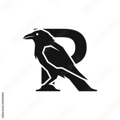 Black raven perched on letter r symbolizing design and branding