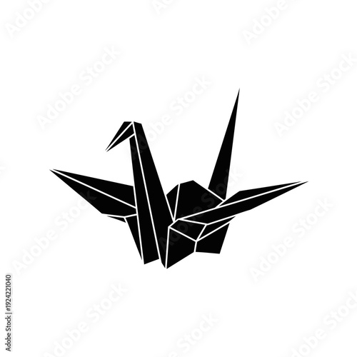 Black origami crane isolated on white background for design or decoration