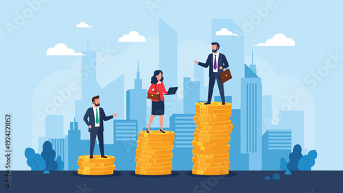 Business professionals standing on stacks of gold coins of varying heights representing income inequality and success.