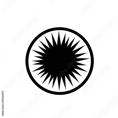 Black and white sunburst icon in a circular frame against white background
