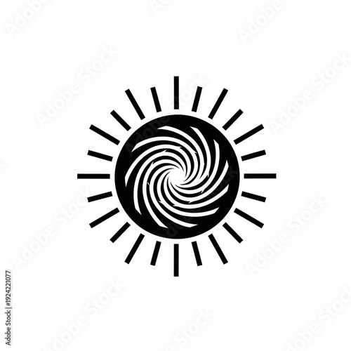Abstract sun symbol with swirling center and radiating lines isolated design