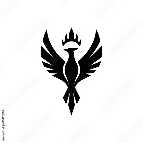 Stylized phoenix emblem soaring silhouette against white background