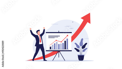 Successful businessman celebrating with raised arms next to a presentation board showing a positive growth trend.