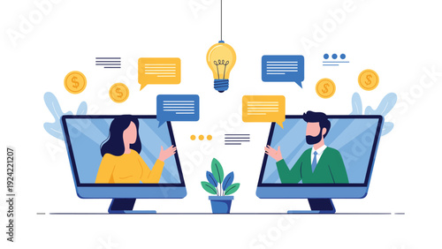 Business man and woman having a video conference on computer monitors with floating dollar coins and an idea bulb.