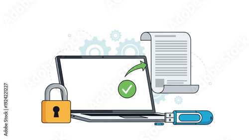 Concept of secure digital data transfer showing a laptop with a document, a checkmark, a padlock, and a blue USB drive.