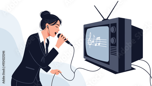 Young woman singing passionately into a microphone which is connected to a vintage television set displaying music notes.