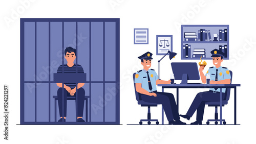 Split illustration showing a lonely prisoner sitting in a jail cell and two friendly police officers working in their office.