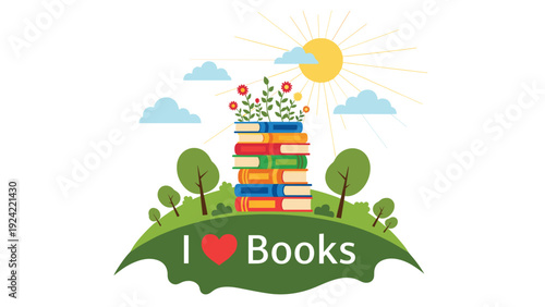 Stack of colorful academic books on a green hill with growing flowers and a slogan expressing deep love for reading.