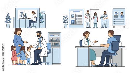 Collage of medical healthcare scenes including telemedicine, clinical consultations, and professional doctor interactions.