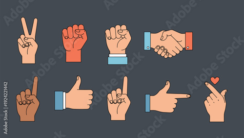 Collection of different hand gestures showing signs like peace, thumbs up, and handshake on a dark grey background.