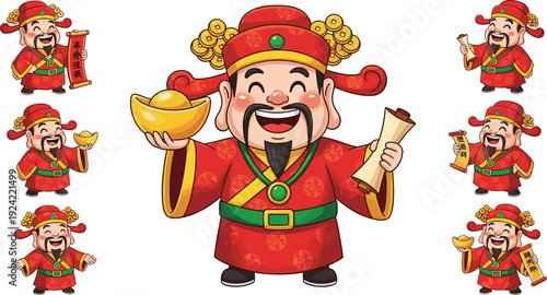 Chinese God of Wealth character set holding gold ingot and scroll, flat vector illustration for Lunar New Year, prosperity, fortune themes