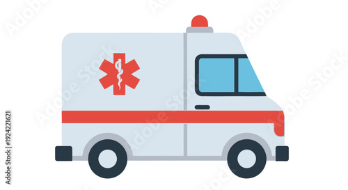 Flat vector illustration of a white ambulance with a red stripe and medical star