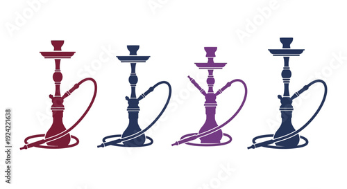 Four colorful hookah pipes arranged in a linear stylized illustration