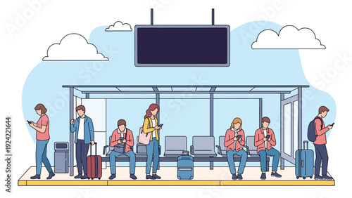Diverse group of commuters waiting at a modern bus station platform while using their smartphones and carrying luggage for travel.