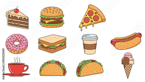 Comprehensive set of fast food and dessert icons including burgers, pizza, tacos, hot dogs, coffee, and ice cream for restaurant menu.