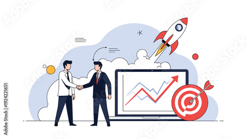 Successful business partnership represented by two men shaking hands in front of a growth chart and a rocket launching into the sky.