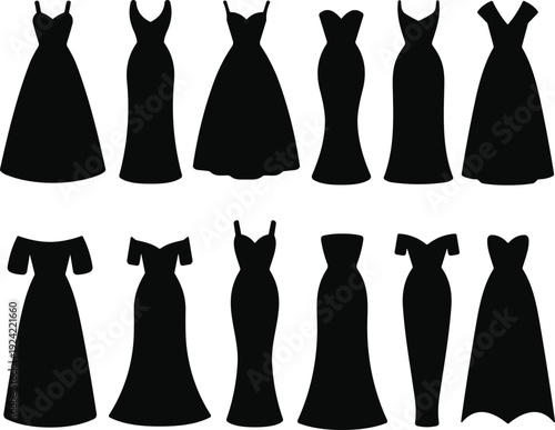 Elegant collection of twelve evening gown silhouettes showcasing diverse fashion styles, necklines, and dress designs for formal wear inspiration, vector illustration for designers and creatives.