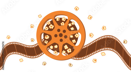 A flat vector illustration of an orange movie film reel surrounded by scattered popcorn pieces with a wavy brown film strip across a white background.