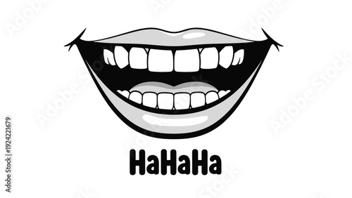 Close-up illustration of a wide human smile showing clean white teeth with the text HaHaHa written below to express laughter.