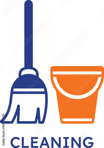 Professional cleaning services icon with blue broom and orange bucket representing domestic housekeeping janitorial maintenance hygiene sanitation property management residential chores and commercial