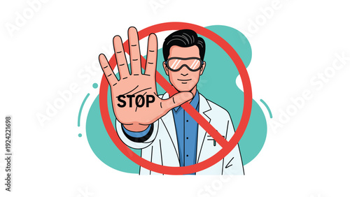 Professional scientist wearing a lab coat and safety goggles making a stop gesture behind a red prohibition sign for safety warning.