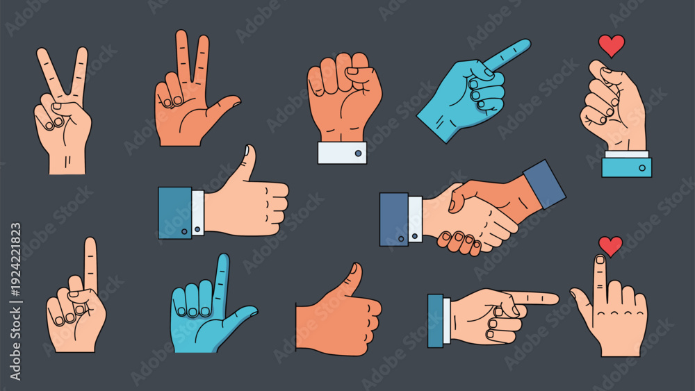 Fototapeta premium Collection of various hand gesture icons including thumbs up, peace sign, handshake, fist, and pointing fingers for communication.