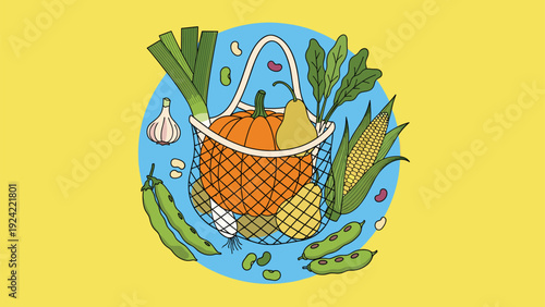 Eco-friendly mesh shopping bag overflowing with fresh vegetables and fruits like pumpkin, pears, leeks, and beans on a bright background.
