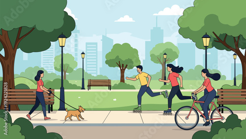 Active people enjoying various exercises in a scenic city park with pathways for running, rollerblading, cycling, and walking a dog.