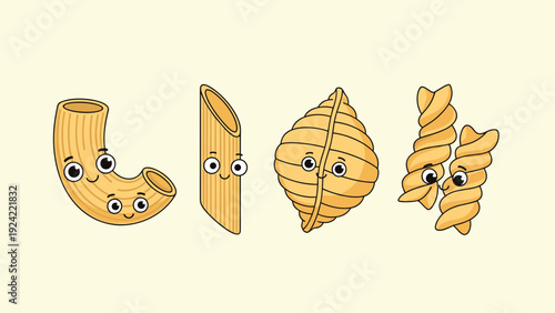 Playful collection of various Italian pasta shapes like macaroni, penne, and fusilli illustrated as cute cartoon characters with happy faces.