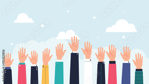 Large group of diverse hands in business suits and casual wear raised towards a cloudy sky representing unity and collective action.