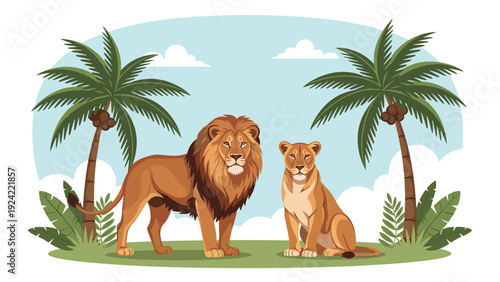 Majestic African lion and lioness standing and sitting together in a beautiful tropical landscape with palm trees and green plants.