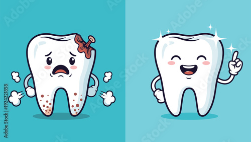 Dental health comparison showing a sad damaged tooth with a cavity and a happy clean shining tooth pointing up for dental care.