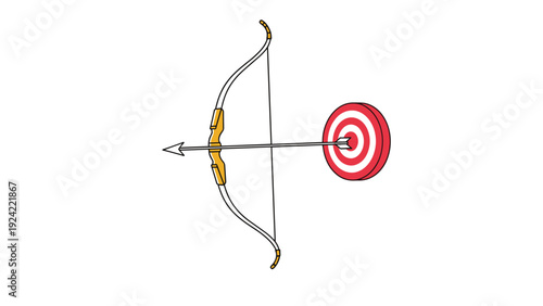 Vector illustration of a traditional bow with an arrow pointed towards a red and white circular archery target.