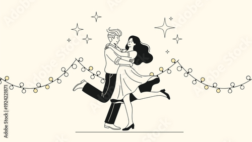 Line art illustration of a young romantic couple dancing together under festive hanging string lights and stars.