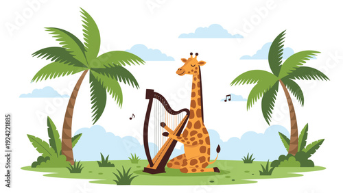 Cute cartoon giraffe sitting on a green field and playing a harp instrument surrounded by tropical palm trees.