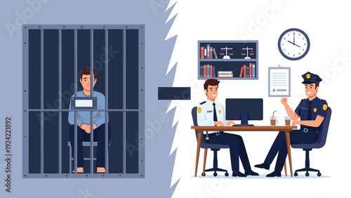 Conceptual illustration contrasting a man behind bars in a prison cell and police officers working at an office.