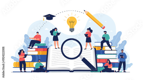 Educational scene with diverse people exploring knowledge around a massive open book with academic icons and a large light bulb.