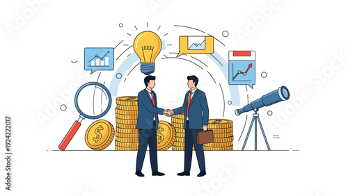 Successful business deal between two men shaking hands near money stacks with analytical tools like a telescope and magnifying glass.