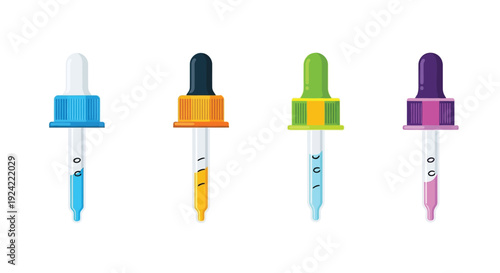 Four colorful dropper bottles arranged in a row on a white background