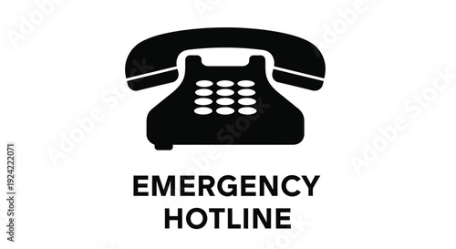 Black silhouette of a vintage telephone with emergency hotline text below