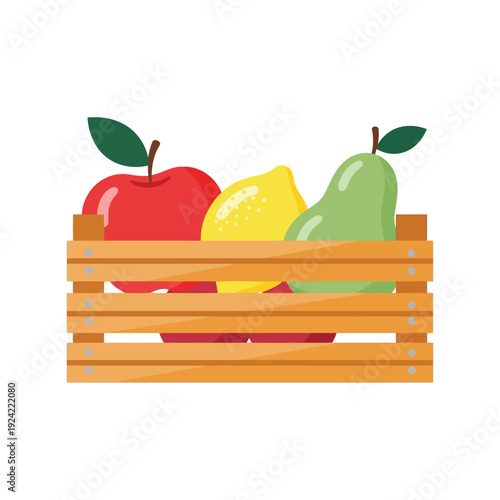 Fresh fruit crate vector clipart with apple, lemon, and pear in wooden box illustration